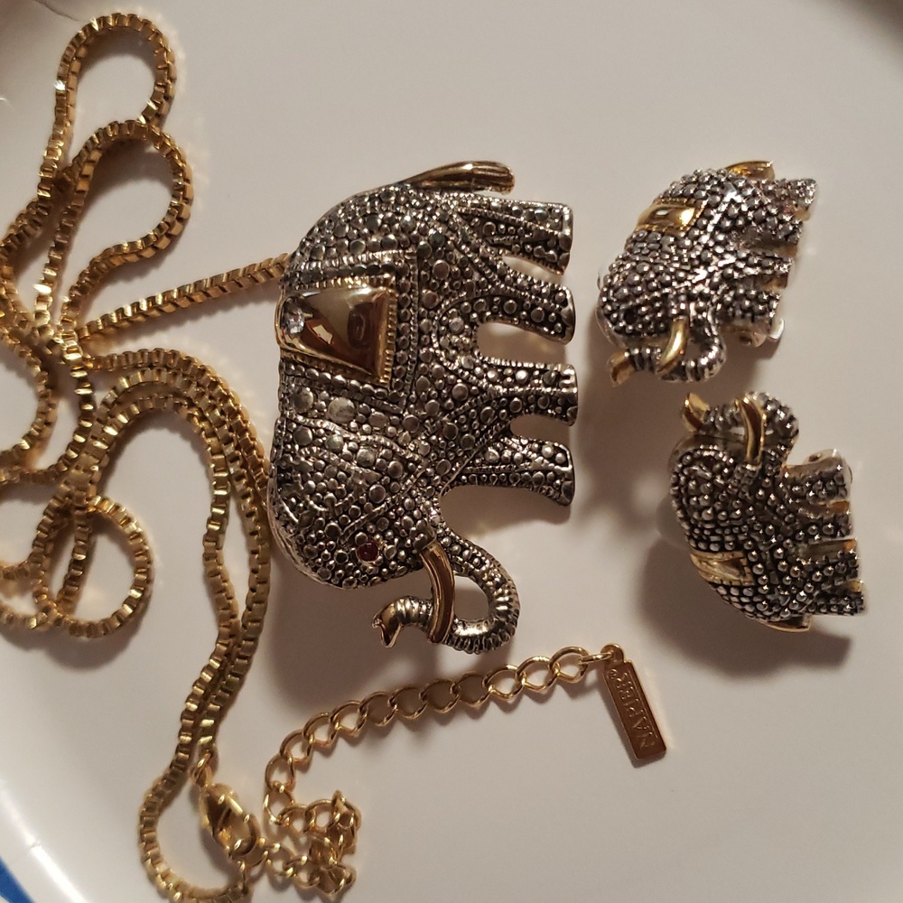 Gold and Silver Safari Elephant Jewelry Set With RUBY EYES